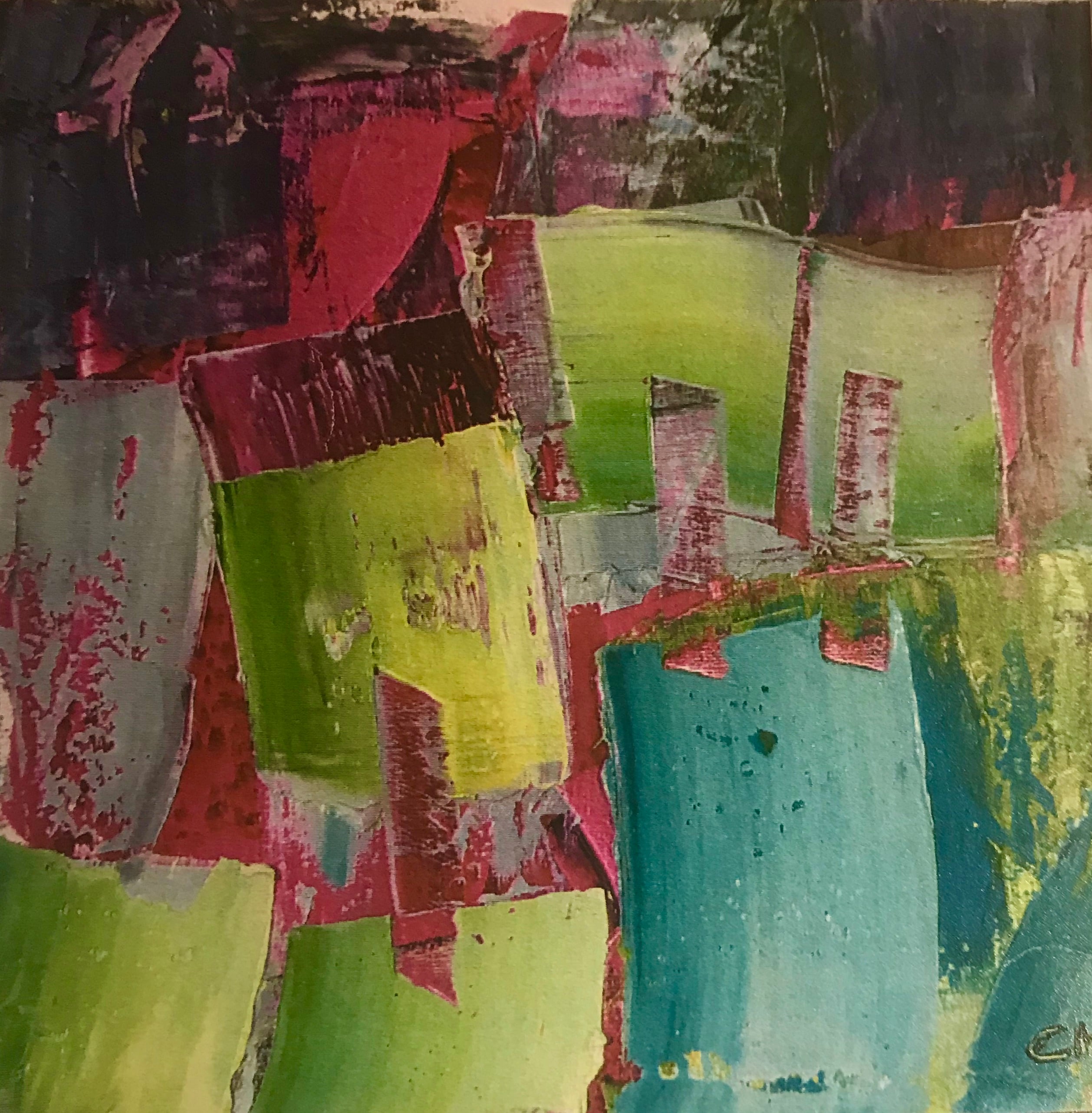 huse, pink, grøn, kunst, maleri, houses, pink, green, art, painting, Chantal Jonassen
