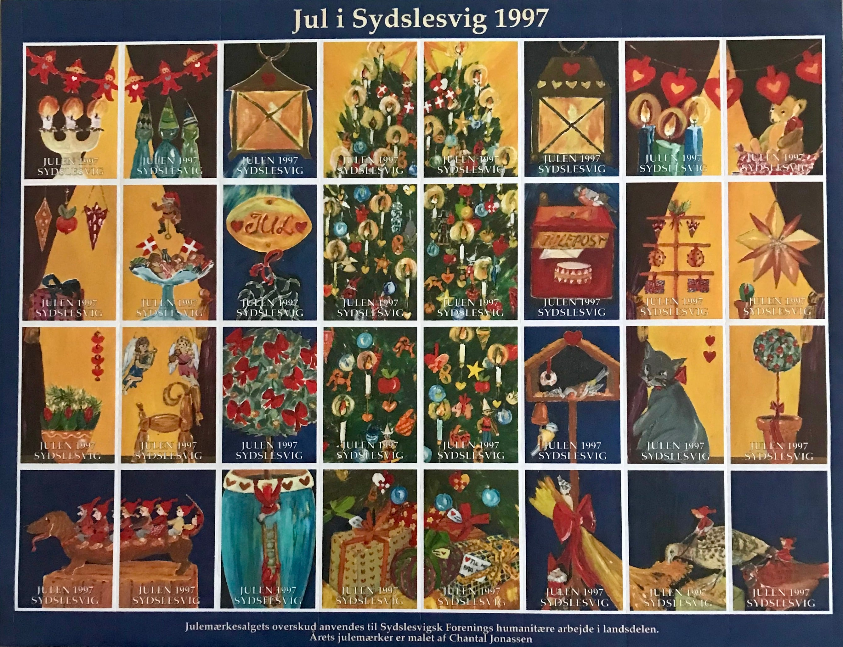 Chantal Jonassen, julemærker, Danmark, Sydslesvig, Christmas stamps,  art, kunst, 32 julemærker, A4 size, oliemaling, 1997, 