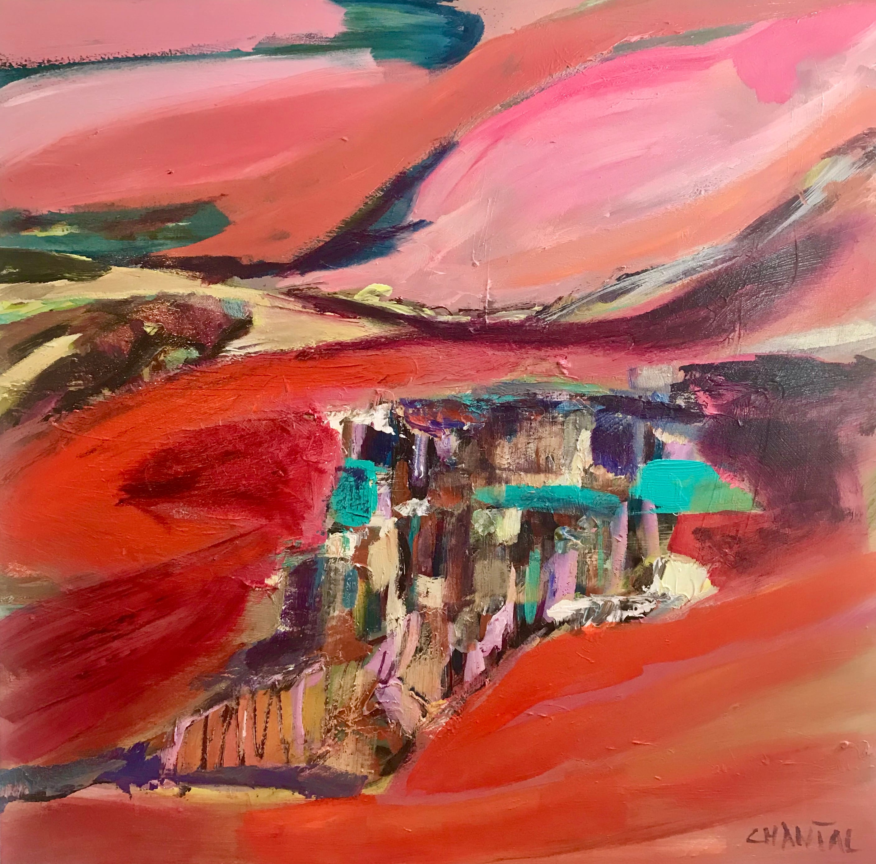 Chantal Jonassen, de glemte, the forgotten, landskab, landscape, nature, art kunst, maleri, painting, red, pink, 