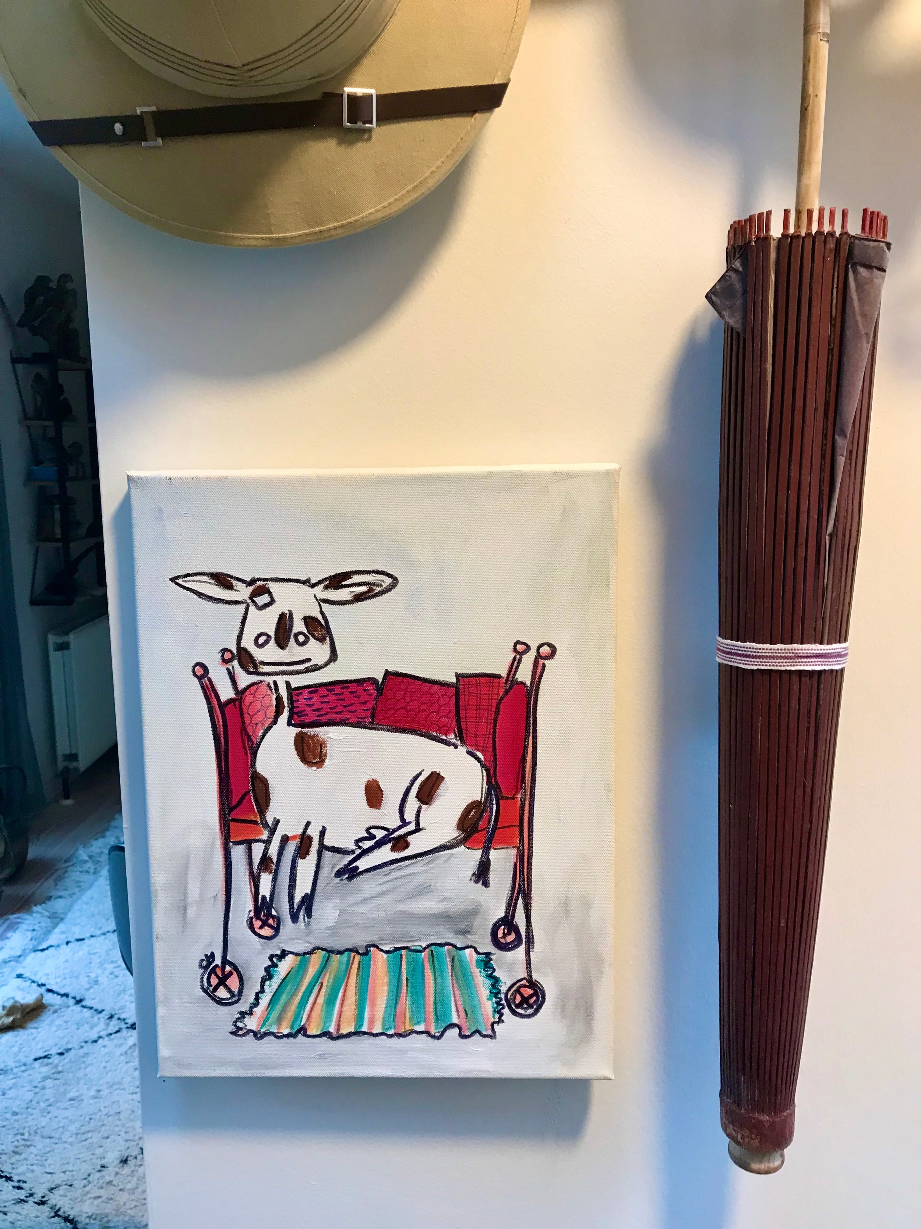 Chantal Jonassen, enfantd´art, menneskeliggjorte dyr, , maleri for børn og barnlige sjæle, Danmark, humor, naivistisk, kunst,humanized animals, , painting for children and childish souls, Denmark, humor, naive, art, ko, vache, cow, børn, enfant, children, maleri, painting, Chantal Jonassen, art, kunst, naivisme