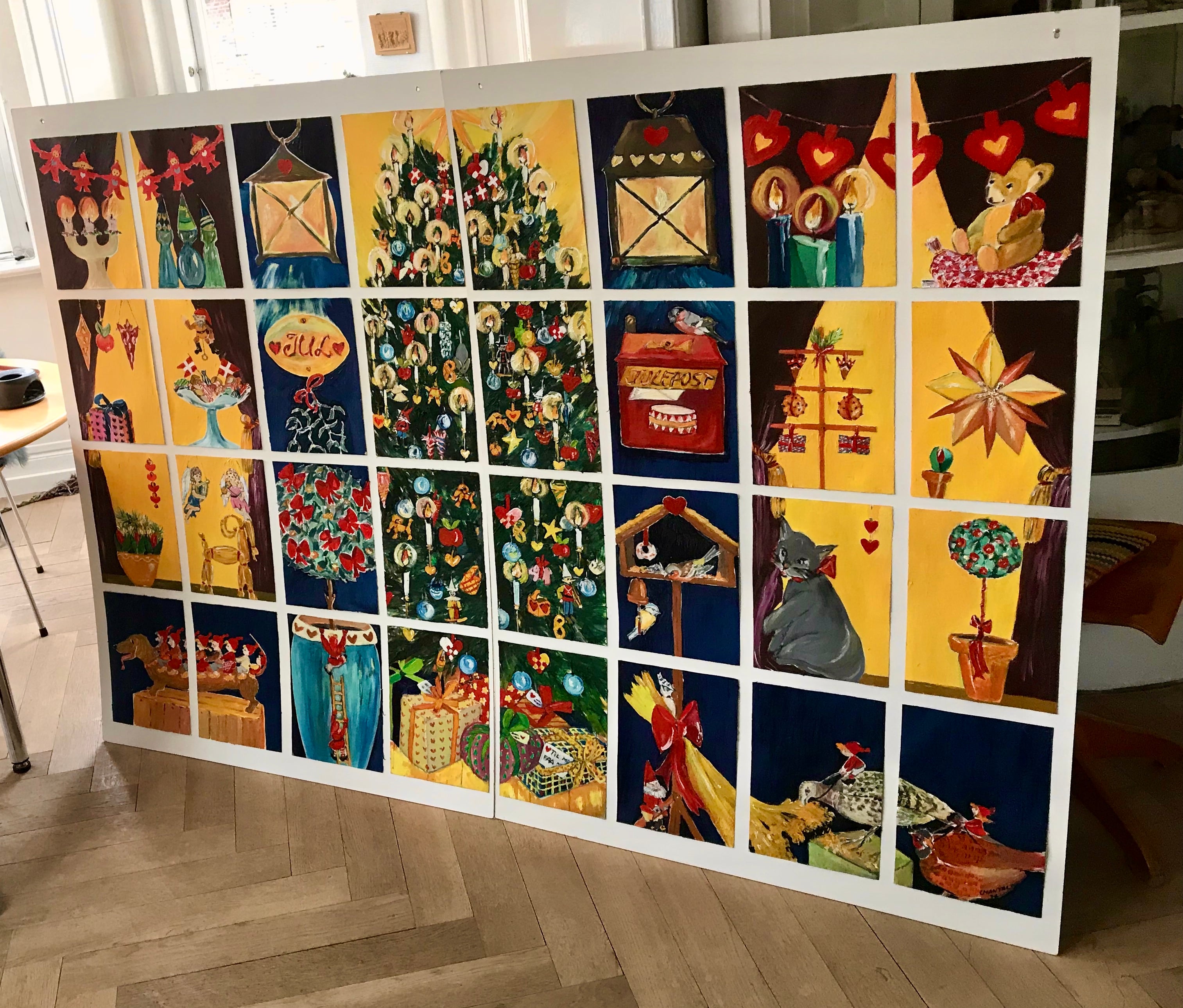 Chantal Jonassen, julemærker, Danmark, Sydslesvig, Christmas stamps,  art, kunst, 32 julemærker, A4 size, oliemaling, 1997, 